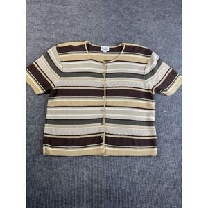 Reba Rose Striped Knit Button Front Short Sleeve Top 26/28 Brown Beige